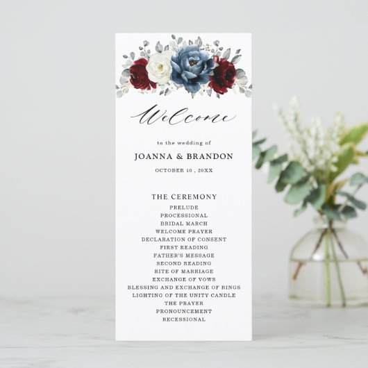 Slate Blue Burgundy White Ivory Floral Wedding Programmakaart (Staand voorkant)