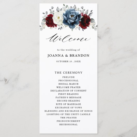 Slate Blue Burgundy White Ivory Floral Wedding Programmakaart (Voorkant)