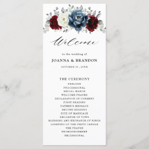 Slate Blue Burgundy White Ivory Floral Wedding Programmakaart
