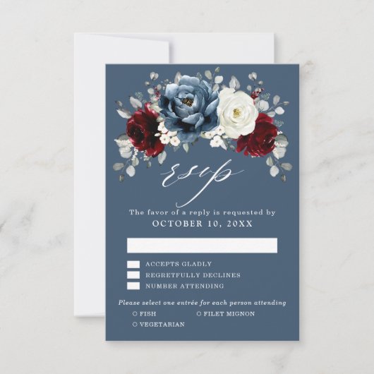 Slate Blue Burgundy White Ivory Floral Wedding RS RSVP Kaartje (Voorkant)