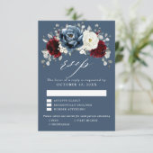 Slate Blue Burgundy White Ivory Floral Wedding RS RSVP Kaartje (Staand voorkant)