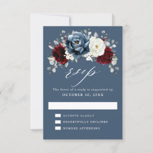 Slate Blue Burgundy White Ivory Floral Wedding RS RSVP Kaartje
