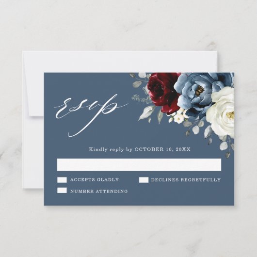 Slate Blue Burgundy White Ivory Floral Wedding RSV RSVP Kaartje (Voorkant)