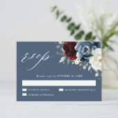 Slate Blue Burgundy White Ivory Floral Wedding RSV RSVP Kaartje (Staand voorkant)