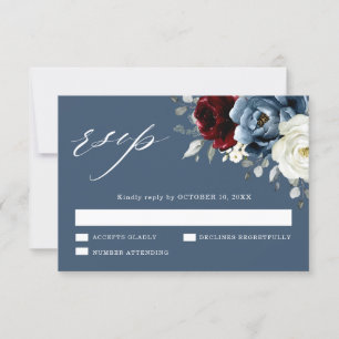 Slate Blue Burgundy White Ivory Floral Wedding RSV RSVP Kaartje