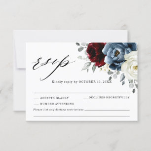 Slate Blue Burgundy White Ivory Floral Wedding RSV RSVP Kaartje