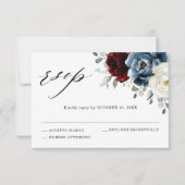 Slate Blue Burgundy White Ivory Floral Wedding RSVP Kaartje (Voorkant)