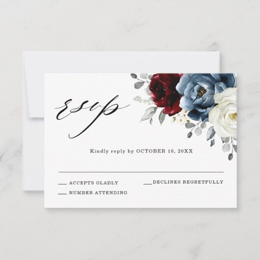 Slate Blue Burgundy White Ivory Floral Wedding RSVP Kaartje (Voorkant)