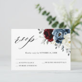 Slate Blue Burgundy White Ivory Floral Wedding RSVP Kaartje (Staand voorkant)