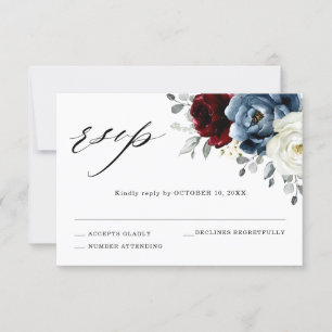 Slate Blue Burgundy White Ivory Floral Wedding RSVP Kaartje