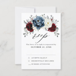 Slate Blue Burgundy White Ivory Floral Wedding RSVP Kaartje