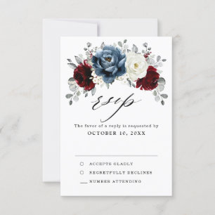 Slate Blue Burgundy White Ivory Floral Wedding RSVP Kaartje