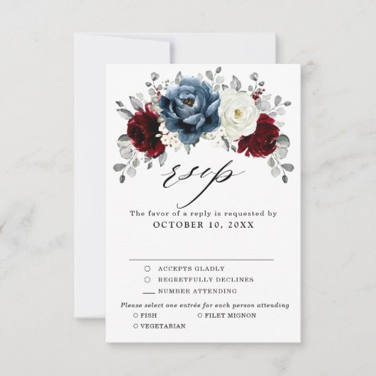 Slate Blue Burgundy White Ivory Floral Wedding RSVP Kaartje (Voorkant)