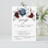 Slate Blue Burgundy White Ivory Floral Wedding RSVP Kaartje (Staand voorkant)
