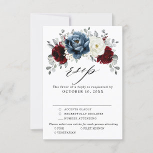 Slate Blue Burgundy White Ivory Floral Wedding RSVP Kaartje