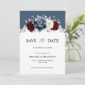 Slate Blue Burgundy White Ivory Floral Wedding Sa Save The Date (Staand voorkant)
