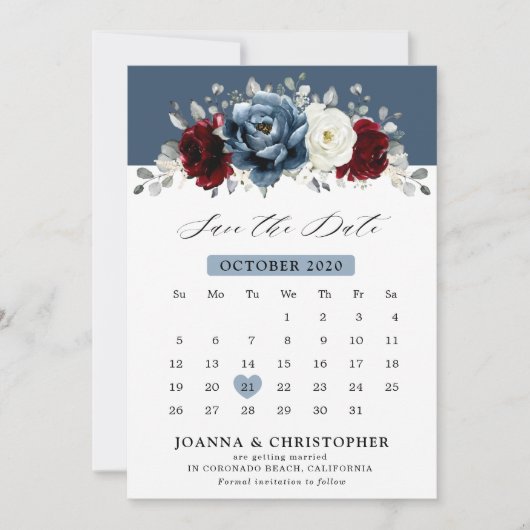 Slate Blue Burgundy White Ivory Floral Wedding Sa Save The Date (Voorkant)
