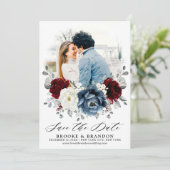 Slate Blue Burgundy White Ivory Floral Wedding Save The Date (Staand voorkant)