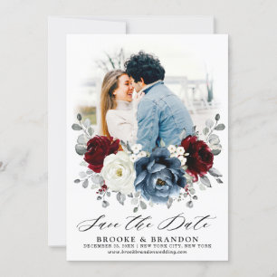 Slate Blue Burgundy White Ivory Floral Wedding Save The Date