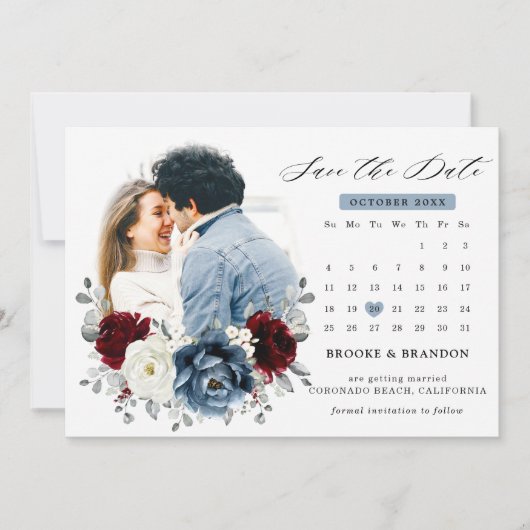 Slate Blue Burgundy White Ivory Floral Wedding Save The Date (Voorkant)