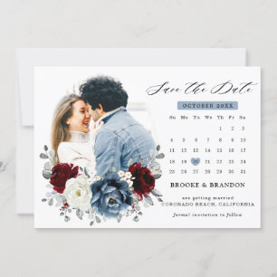 Slate Blue Burgundy White Ivory Floral Wedding Save The Date