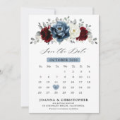 Slate Blue Burgundy White Ivory Floral Wedding Save The Date (Voorkant)