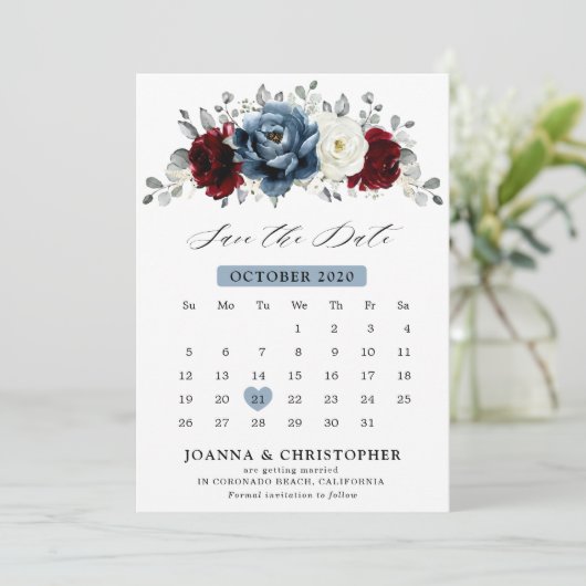 Slate Blue Burgundy White Ivory Floral Wedding Save The Date (Staand voorkant)