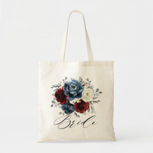 Slate Blue Burgundy White Ivory Floral Wedding Tote Bag