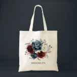 Slate Blue Burgundy White Ivory Floral Wedding Tote Bag<br><div class="desc">Leisteen,  Bourgogne,  Witte ivoor met de naam floral bridesmaid gift canvas tas,  met elegante bouquet van de bruine bruine,  leisteen,  stoffig blauw,  ivoren rozen en pony's en stoffige groene eucalyptusbladeren. Neem contact met mij op voor hulp bij aanpassingen of als u een ander product nodig hebt</div>