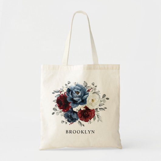 Slate Blue Burgundy White Ivory Floral Wedding Tote Bag (Voorkant)