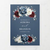 Slate Blue Burgundy White Ivory Floral Wedding Tr Drieluik Aankondiging (Cover)