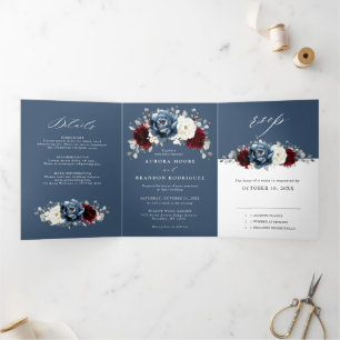 Slate Blue Burgundy White Ivory Floral Wedding Tr Drieluik Aankondiging