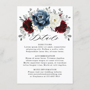Slate Blue Burgundy White Ivory Wedding Details Informatiekaartje
