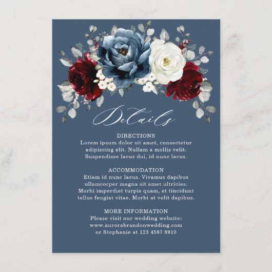 Slate Blue Burgundy White Ivory Wedding Details Informatiekaartje (Voorkant)