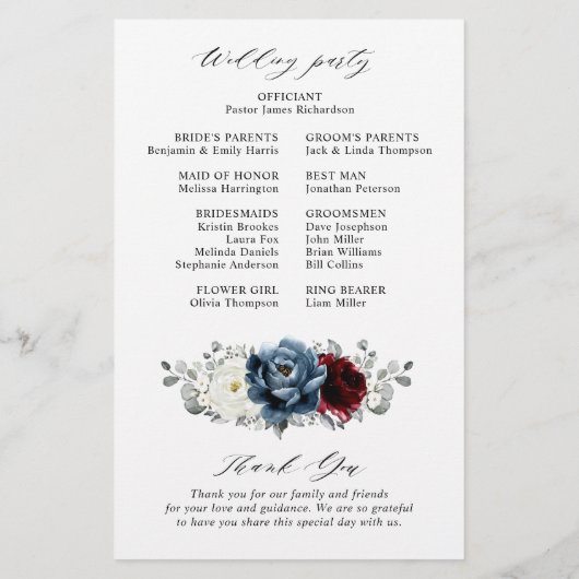 Slate Blue Burgundy White Ivory Wedding Programme (Achterkant)