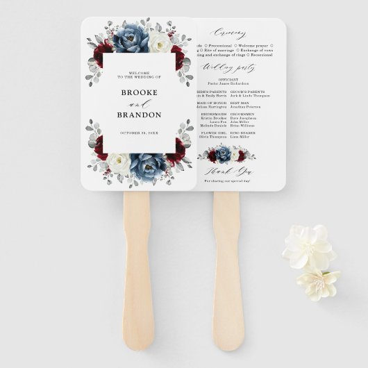 Slate Blue Burgundy White Ivory Wedding Programme Handwaaier (Voorkant en achterkant)