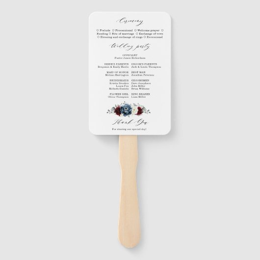 Slate Blue Burgundy White Ivory Wedding Programme Handwaaier (Achterkant)