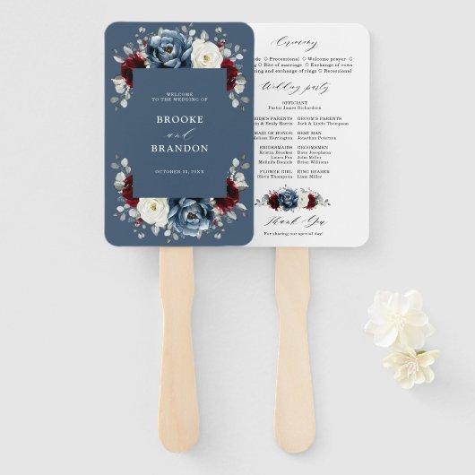 Slate Blue Burgundy White Ivory Wedding Programme Handwaaier (Voorkant en achterkant)