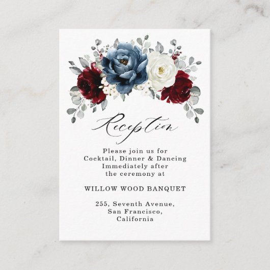 Slate Blue Burgundy White Ivory Wedding Reception Informatiekaartje (Voorkant)