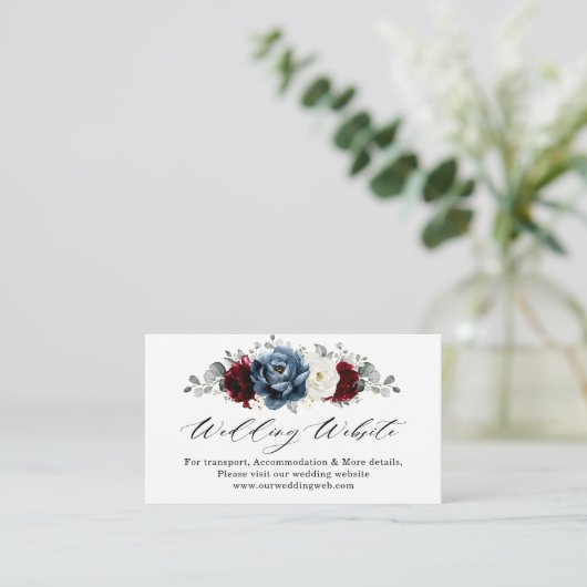 Slate Blue Burgundy White Ivory Wedding Website Informatiekaartje (Staand voorkant)