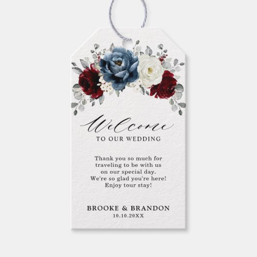 Slate Blue Burgundy White Ivory Wedding Welcome Cadeaulabel (Voorkant)