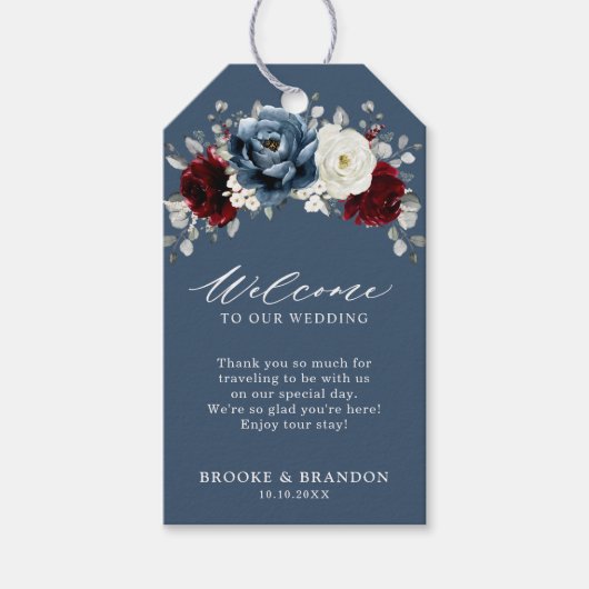 Slate Blue Burgundy White Ivory Wedding Welcome Cadeaulabel (Voorkant)