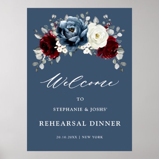 Slate Blue Burgundy White Rehearsal Dinner Welcome Poster (Voorkant)