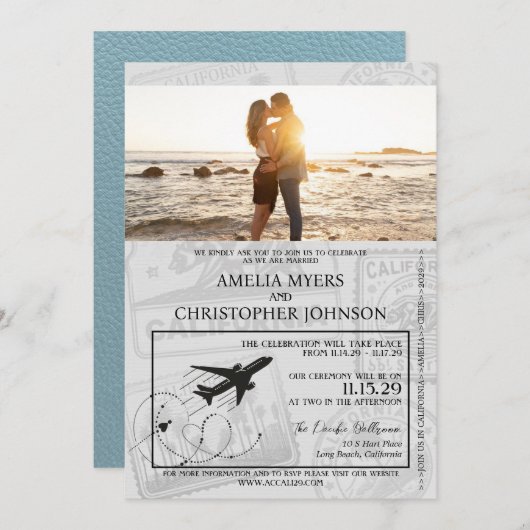 Slate Blue California Passport Wedding Kaart (Voorkant / Achterkant)