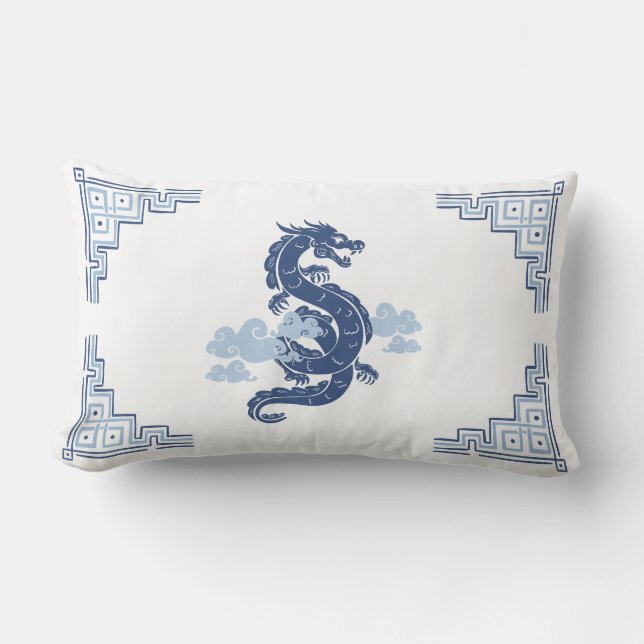 Slate Blue Chinoiserie Dragon en wolken Kussen (Voorkant)