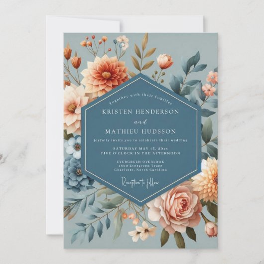 Slate Blue Coral Bloom Wedding Kaart (Voorkant)