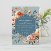 Slate Blue Coral Bloom Wedding Kaart (Staand voorkant)
