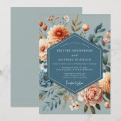 Slate Blue Coral Bloom Wedding Kaart (Voorkant / Achterkant)