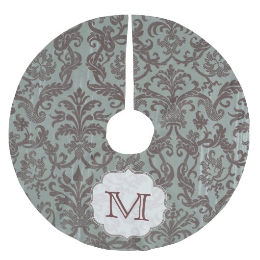 Slate Blue Damask Lace Monogram Initialen boomrok Kerstboom Rok (Voorkant)