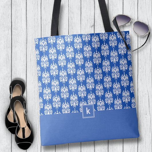 Slate Blue Damask Pattern Monogram Canvas tas